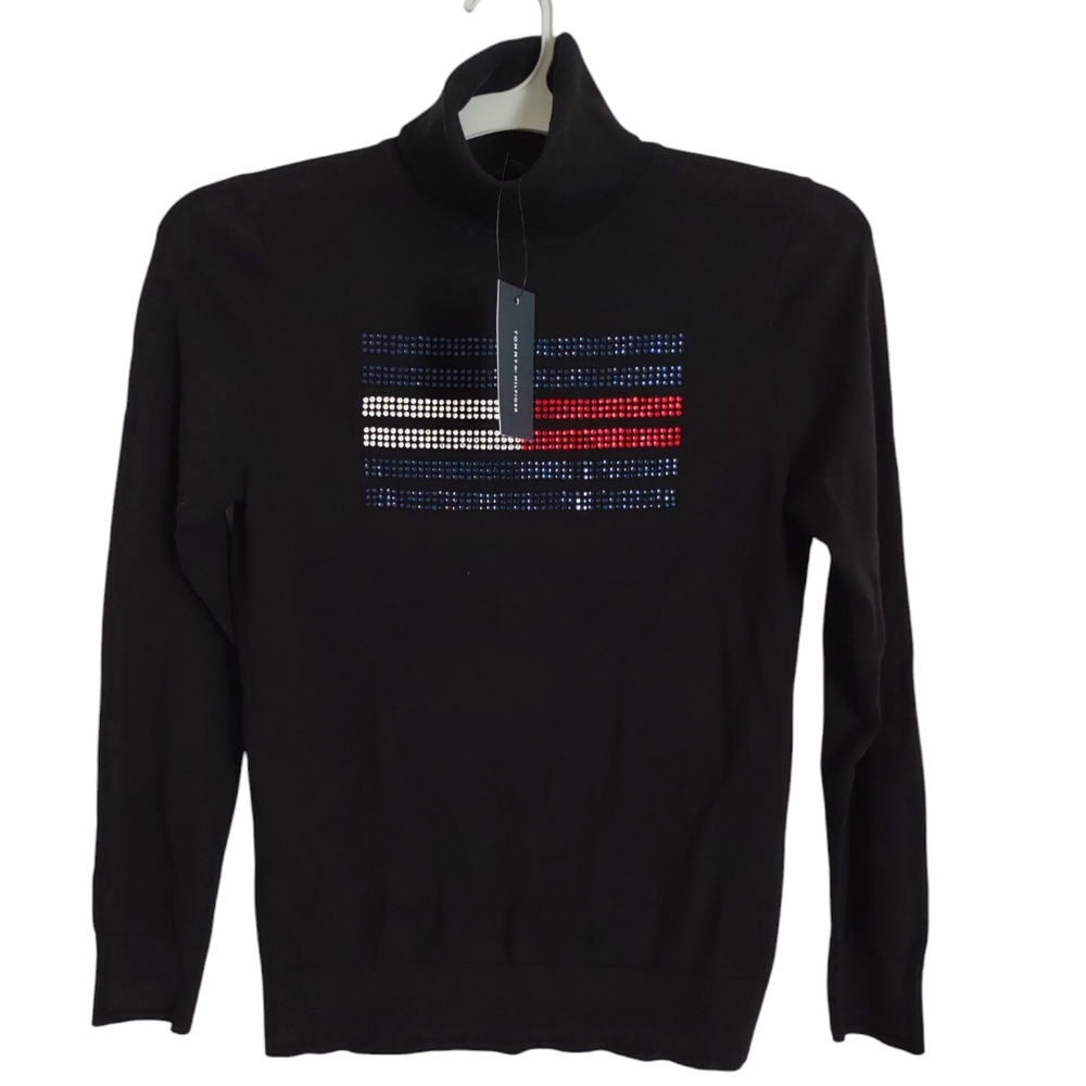 Tommy Hilfiger Size Small Flag Embellished Turtleneck Sweater